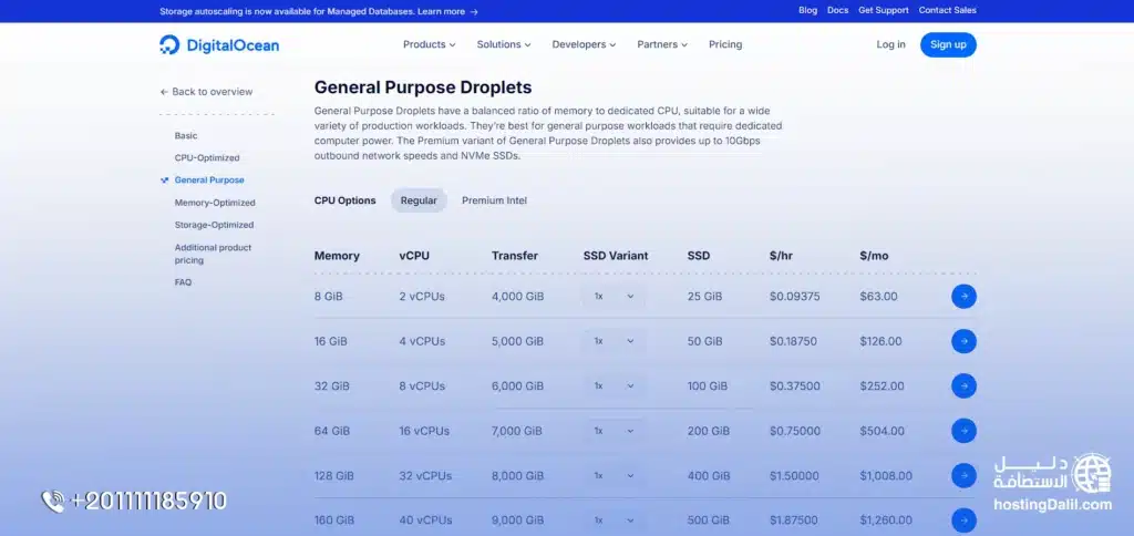 خطة General Purpose Droplet​ في استضافة ديجيتال أوشن
