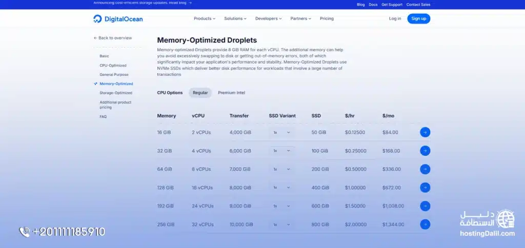 خطة Memory-Optimized Droplet​ من استضافة ديجيتال اوشن