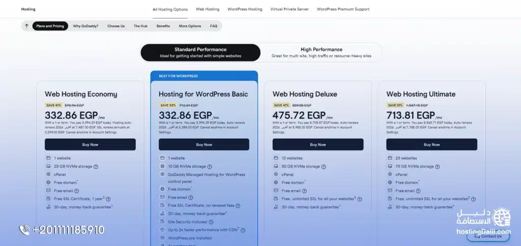اختيار الباقة عند شراء استضافة جودادي GoDaddy