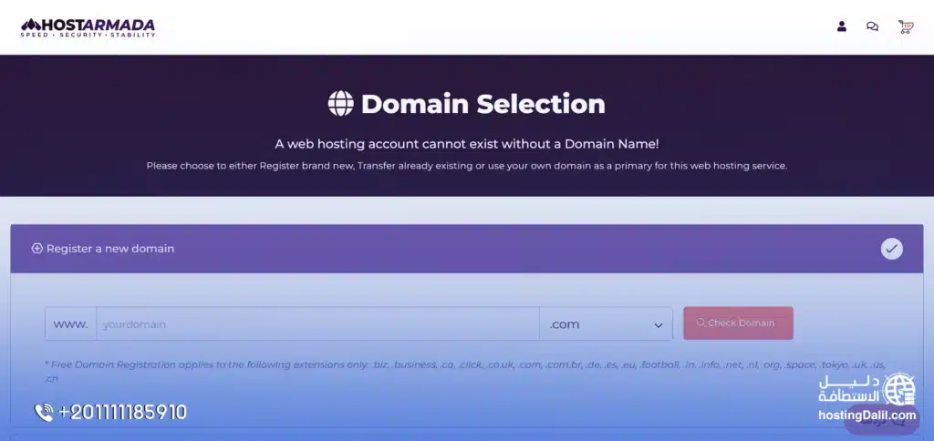 خطوات شراء استضافة HostArmada: اختيار الدومين من هوست أرمادا